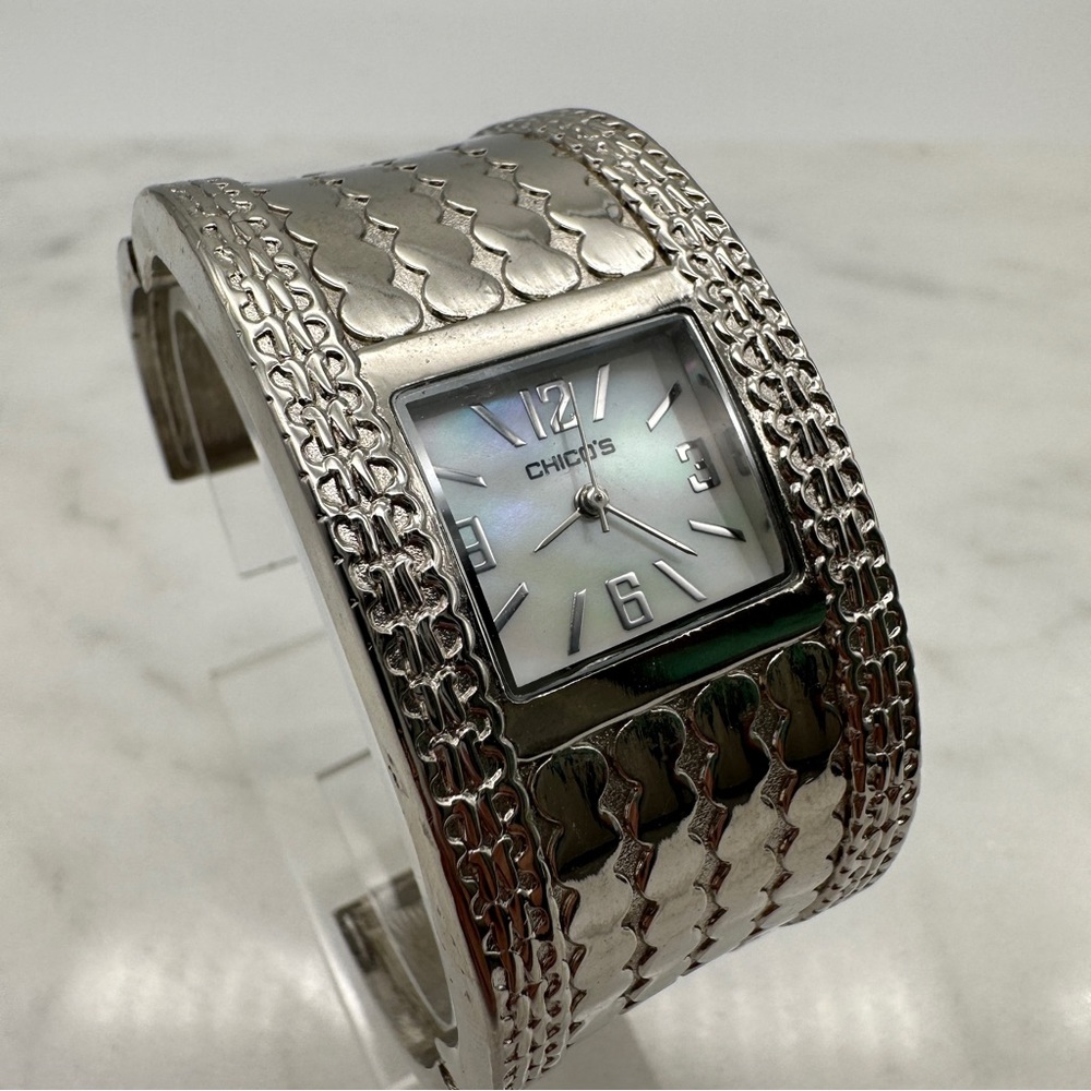 Chicos Wide Bangle Watch, Women’s, Mother of Pearl Dial, Silver Tone